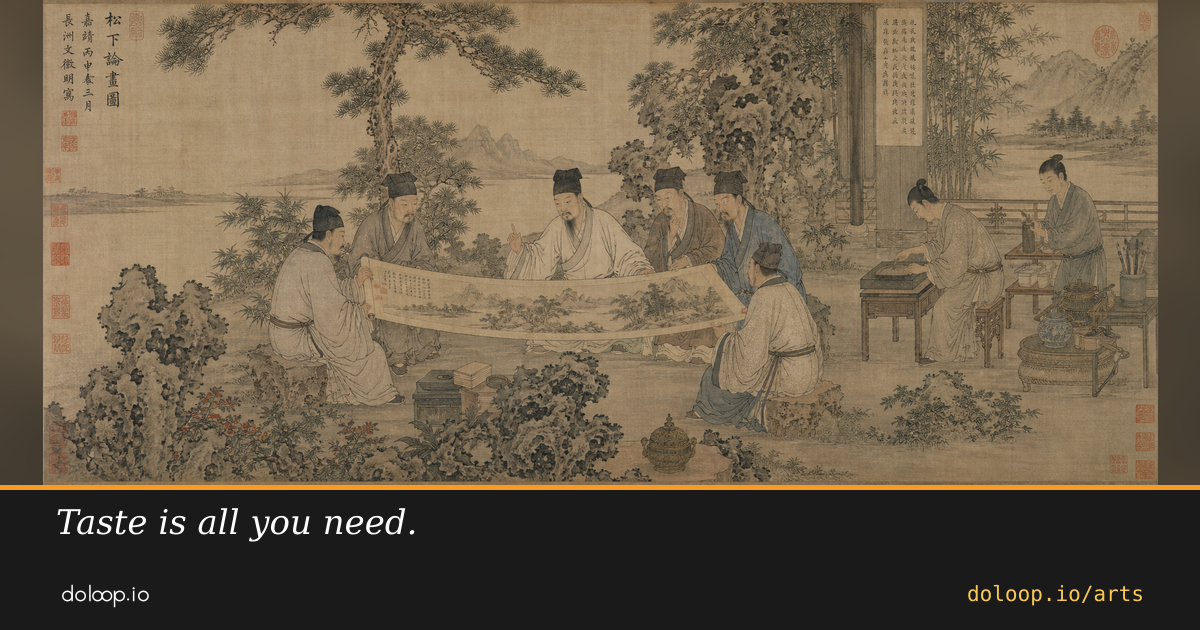 Taste is all you need. Ming-dynasty scholars examining a scroll under the pines.