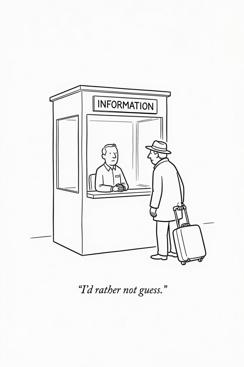 A traveler at an information booth; the deadpan attendant would rather not guess