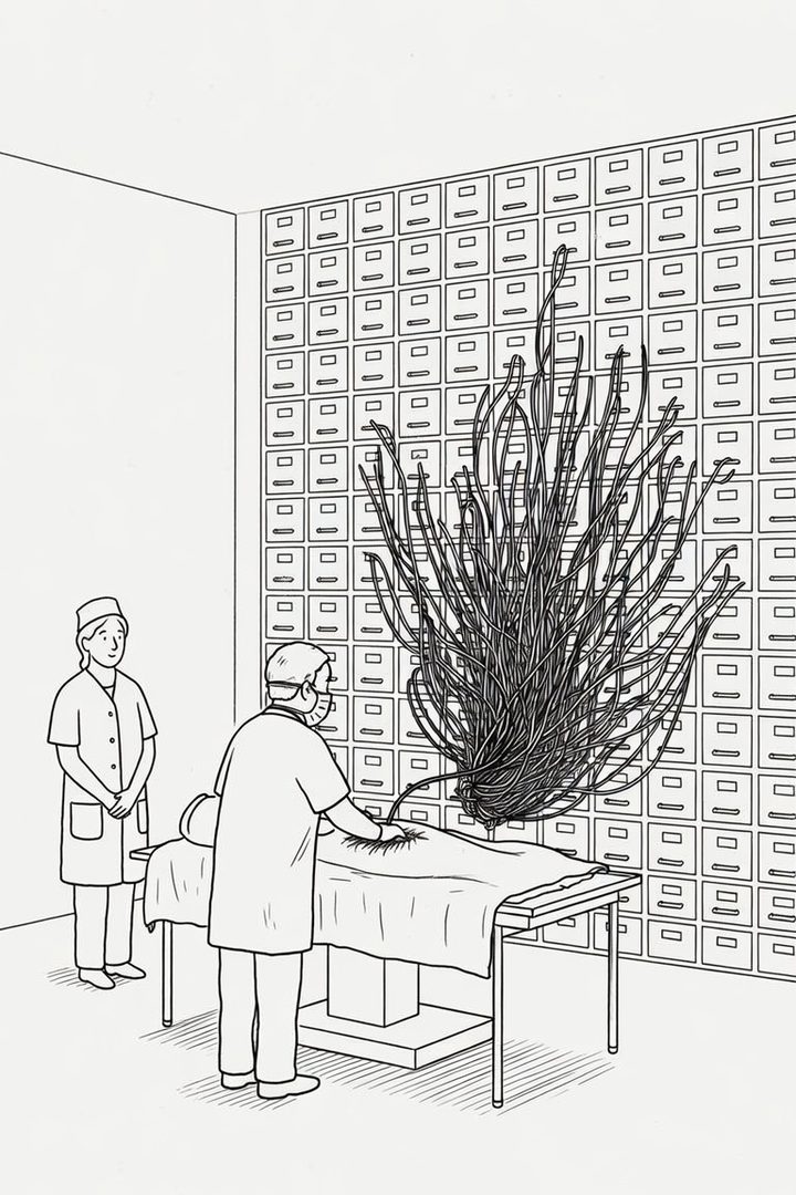 A surgeon over a patient, one thread fanning into a wall of file cabinets