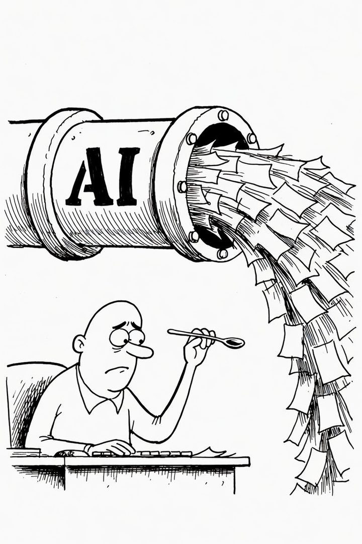Developer with a teaspoon under a firehose of paper from an AI pipe