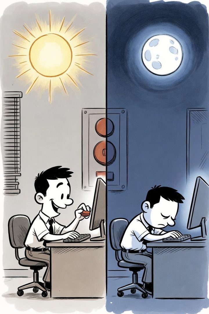 The same developer, smug in daylight and slumped exhausted at night