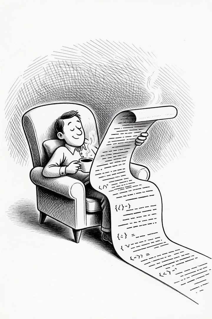 A developer in an armchair reading a long scroll of code like a newspaper